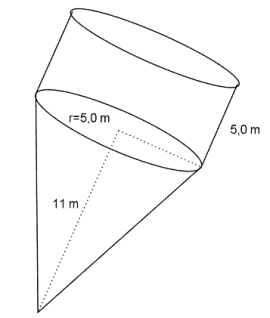 Figuren består av en kjegle med en sylinder festet på. Radien i begge to er 5,0 m. Høyden i kjegla er 11 m, mens høyden i sylinderen er 5,0 m.